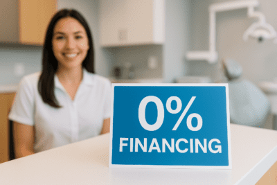 Patient learning about 0% interest dental financing options at a dental clinic